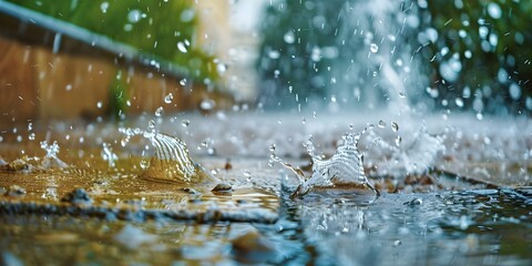 Fototapeta premium Rainwater splashing in street gutter, wetting nearby surfaces captured in close-up. Concept Rainwater Photography, Close-up Shots, Street Gutter Splashing, Wet Surfaces, Detailed Raindrops