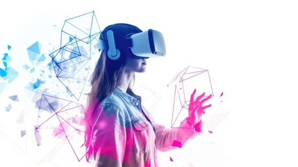 A woman interacts with a virtual reality interface, manipulating geometric shapes in a simulated environment for an advanced digital experience. AIG41