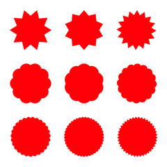 Set of red starburst. Price sticker, sale sticker, price tag, starburst, quality mark, retro stars, sale or discount sticker, sunburst badges, sun ray frames, promotional badge set, shopping labels