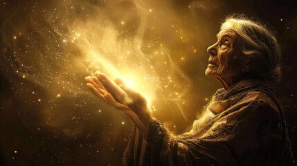 An elderly woman prays with outstretched hands, receiving a gift from heaven. The hands of the gray-haired woman are illuminated by golden light. Religion concept.
