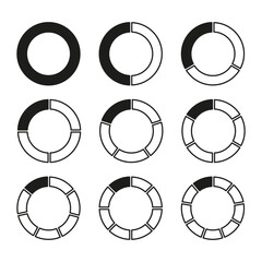 Circles divided diagram 3, 10, 7, graph icon pie shape section chart. Segment circle round vector 6, 9 devise infographic.