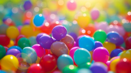 A sea of colorful balloons floating in the blurred background of a festival