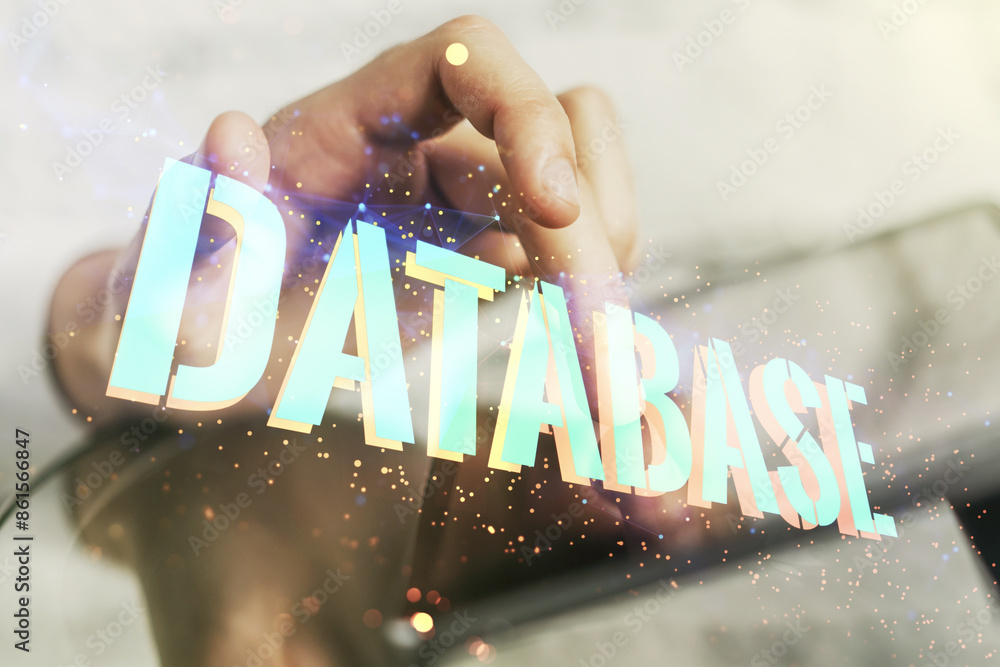 Poster double exposure of database word sign with finger clicks on a digital tablet on background, global r