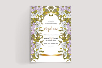 WEDDING INVITATION FRAME WITH FLOWER DECORATIONS AND FRESH LEAVES 