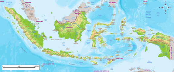Physical map of Indonesia vector illustration