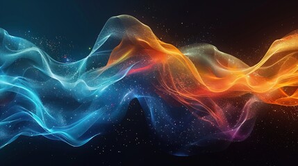 Fototapeta premium Vibrant rainbow, orange blue teal white psychedelic gradient color wave on black background, music cover dance party poster design