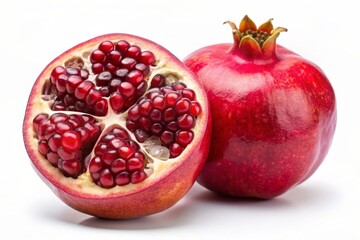 Fresh ripe pomegranate with cut in half isolated on white background.