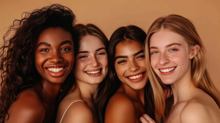 Obraz premium Young multiracial women posing against pastel background. Beautiful models having fun together indoors. The concept of beauty and naturalness.
