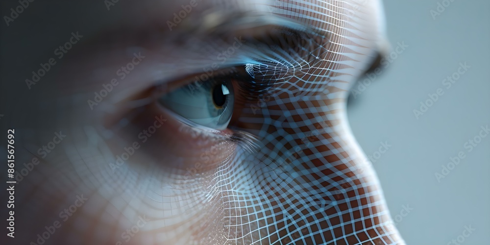 Poster identifying deepfakes with facial recognition technology analyzing facial features in digital images