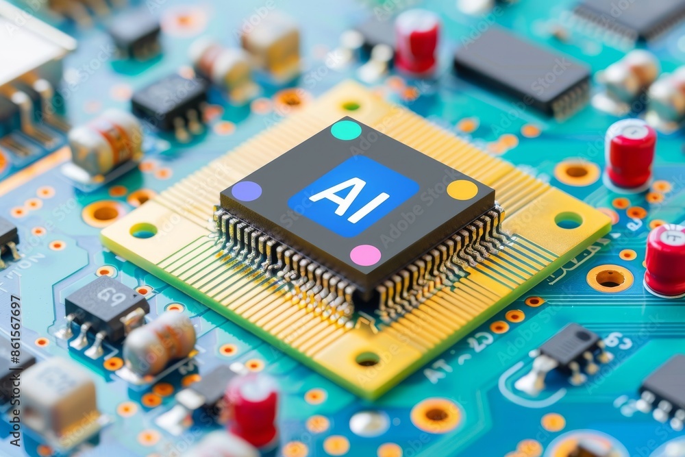 Poster close up photo of an ai microchip on a motherboard, symbolizing the advancements in artificial intel