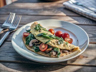 A healthy vegetable omelette packed with spinach, cherry tomatoes, and mushrooms, served on a plate, ideal for a DASH diet breakfast.
