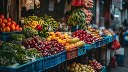 Street food stall displaying a variety of fresh fruits and vegetables