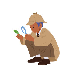 Curious smart boy child detective cartoon character looking through magnifying glass at green leaf