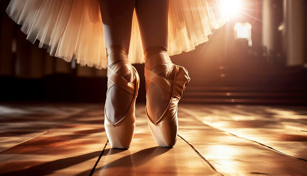 Extreme close-up of a dancer en pointe, ballerina feet on a wooden parquet floor in a dark room. Generative Ai.