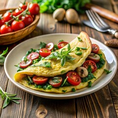  classic vegetable omelette with cherry tomatoes, mushrooms, and spinach, garnished with fresh herbs, ideal for a DASH diet breakfast.