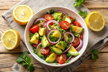 Fresh avocado and tomato salad with red onions, parsley, and lemon wedges, offering a healthy and delicious option in the DASH diet