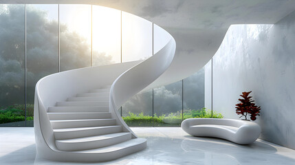 3d rendering of the white interior with spiral staircase. Bright sunlight illuminates the room