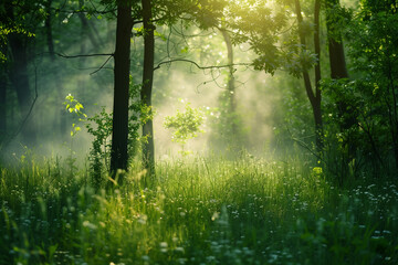 Obraz premium Lush green forest with rays of sunlight filtering through the trees, the grassy ground is covered in wildflowers, soft mist hangs in the air. Summer morning concept.
