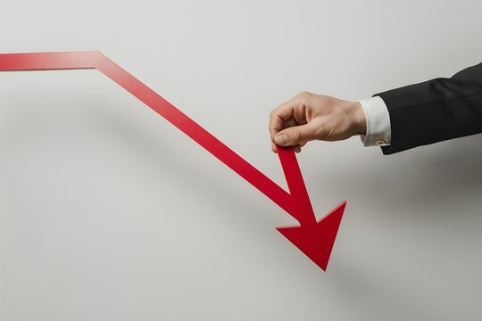Hand in suit holds red zigzag arrow pointing down on white