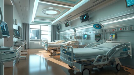 Hospital room with beds, monitors and medical equipment