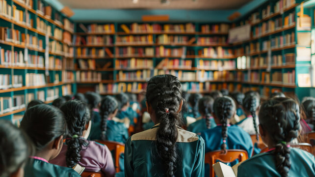 group of tamil female school students in uniform studying in library.generative ai