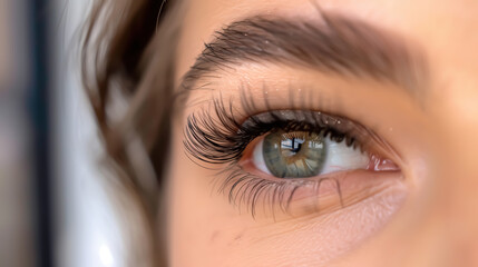 Obraz premium A close-up of a young woman's eye, showcasing long and lush eyelash extensions
