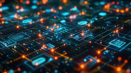 Obraz premium A complex network diagram displayed on a digital screen, with nodes and connections glowing