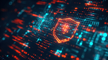 Obraz premium A futuristic digital shield icon on a glowing computer screen