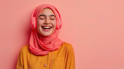 Fototapeta premium A Muslim woman in a casual outfit with a hijab, smiling while listening to music with headphones