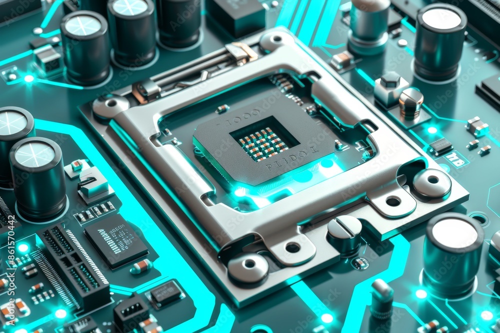 Poster close up photo of an ai processor on a motherboard, symbolizing the advancements in artificial intel