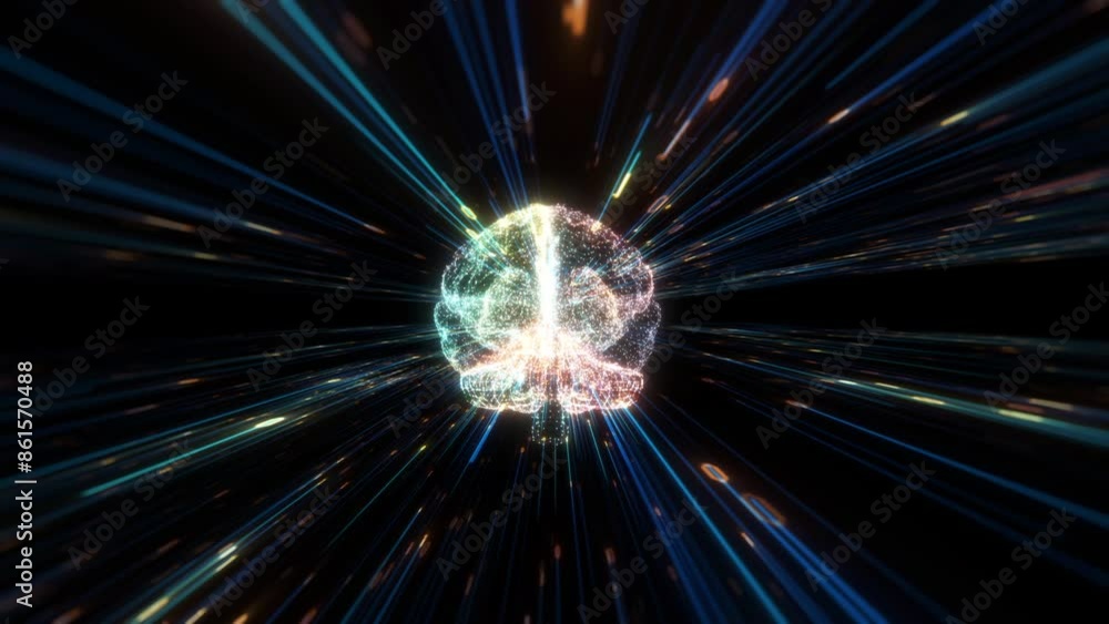 Poster artificial intelligence brain and binary coding animation, big data flow analysis, deep learning mod