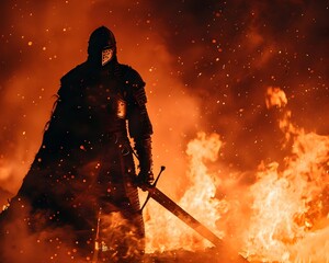 Heroic Silhouetted Knight Wielding Flaming Sword Amid Fiery Background