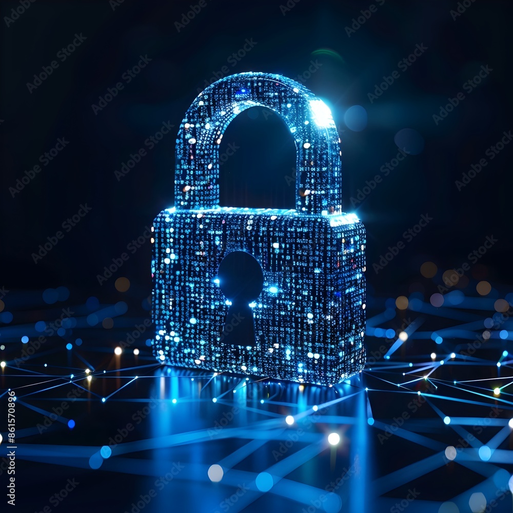 Poster padlock icon made of digital code symbolizing data encryption and cyber security