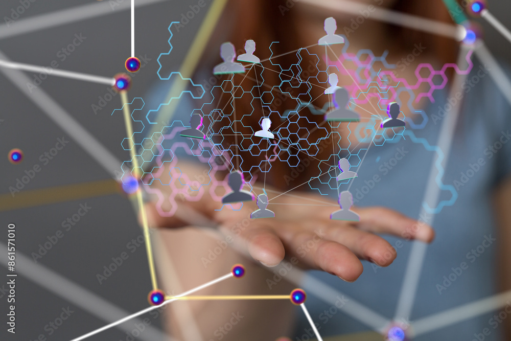 Poster Neural network concept. Connected cells with links.