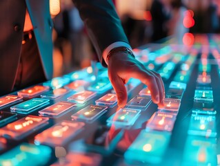 Guest List Management Softly lit guest list with glowing RSVP buttons and attendee profiles