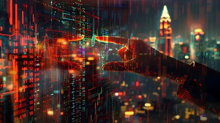 Captivating Digital Cityscape Illuminated by Overlapping Financial Metrics and Virtual Currency Symbolism