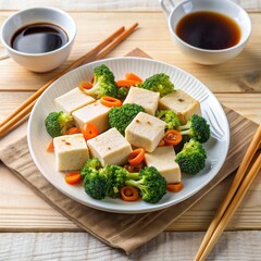 Steamed tofu cubes with broccoli and carrots, served with soy sauce. A healthy and delicious DASH diet option.