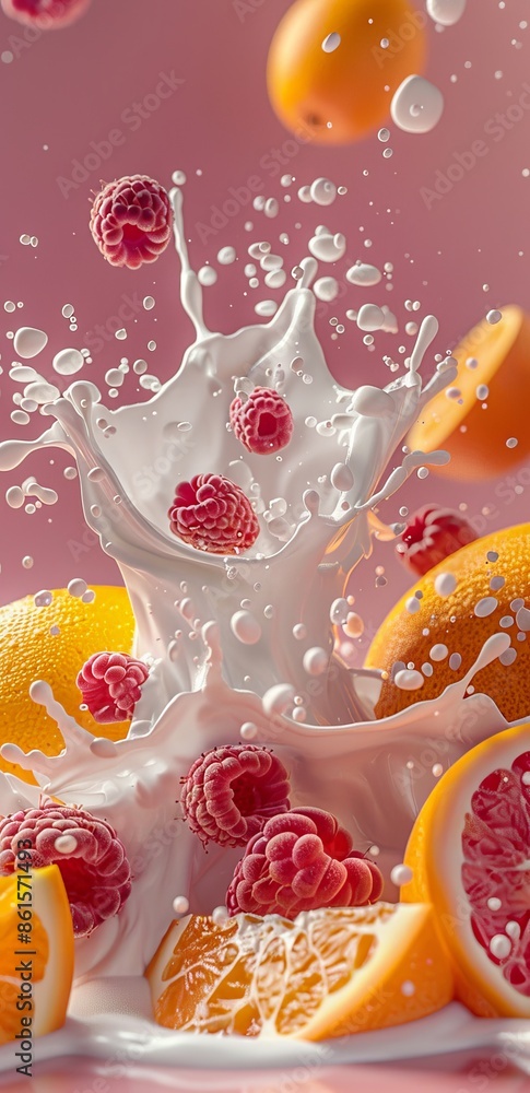 Poster vibrant splash of milk with fresh raspberries and oranges in a colorful and dynamic composition