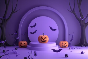 Fototapeta premium 3d rendering, podium display for product presentation in halloween background with pumpkin and bats decoration.