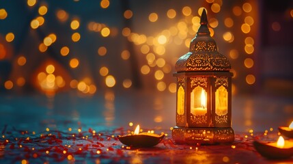 An intricately designed lantern glowing with warm light, set against a background of blurred fairy lights to create a festive, cozy atmosphere.