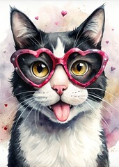 Fototapeta premium Watercolor painting of a cute cat with heart-shaped glasses