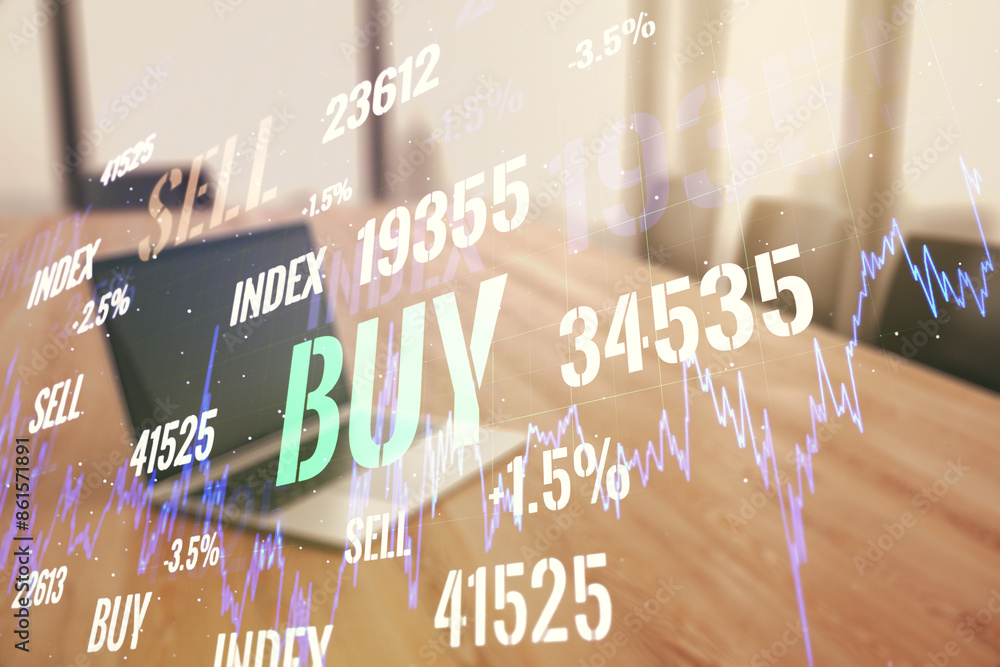 Poster multi exposure of abstract creative financial graph on modern computer background, forex and investm