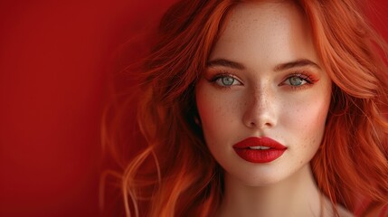 Fototapeta premium A captivating portrait of a woman with flowing red hair and vibrant red lipstick and eye makeup standing against a red background, exuding confidence and allure.