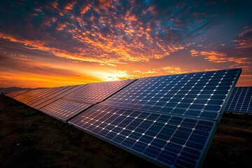 Solar Panels on Sunset Background created with Generative AI
