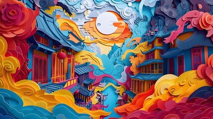 Obraz premium Vibrant Paper Cut Artwork for a Lively with Ornate Silhouettes and Mesmerizing Negative Space Compositions