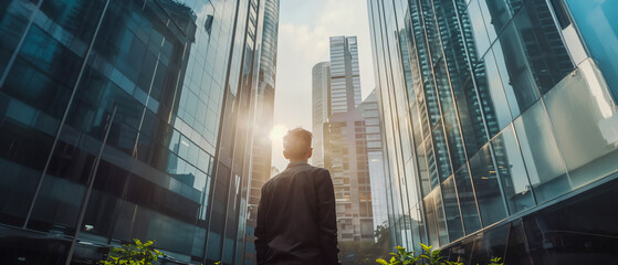 Fototapeta premium Businessman standing in front of a modern glass building, with skyscrapers and sunlight behind him. The concept depicts business success or a powerful leader ready for a new hiking adventure.