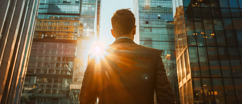 Hombre de negocios parado frente a un moderno edificio de cristal, con rascacielos y luz solar detr&aacute;s de &eacute;l. El concepto representa el &eacute;xito empresarial o un l&iacute;der poderoso listo para una nueva aventu