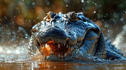 Obraz premium A close-up shot of a crocodile with its jaws wide open, emerging from water with splashes all around, highlighting the predator’s fierce nature and detail of its features.