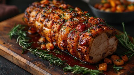 A scrumptious image of a roasted pork loin, perfectly glazed and garnished with herbs, sitting on a wooden board, representing culinary art and delight for festive occasions.