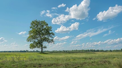 Obraz premium Lone tree standing tall amidst an expansive field, capturing the essence of solitude and natural beauty.
